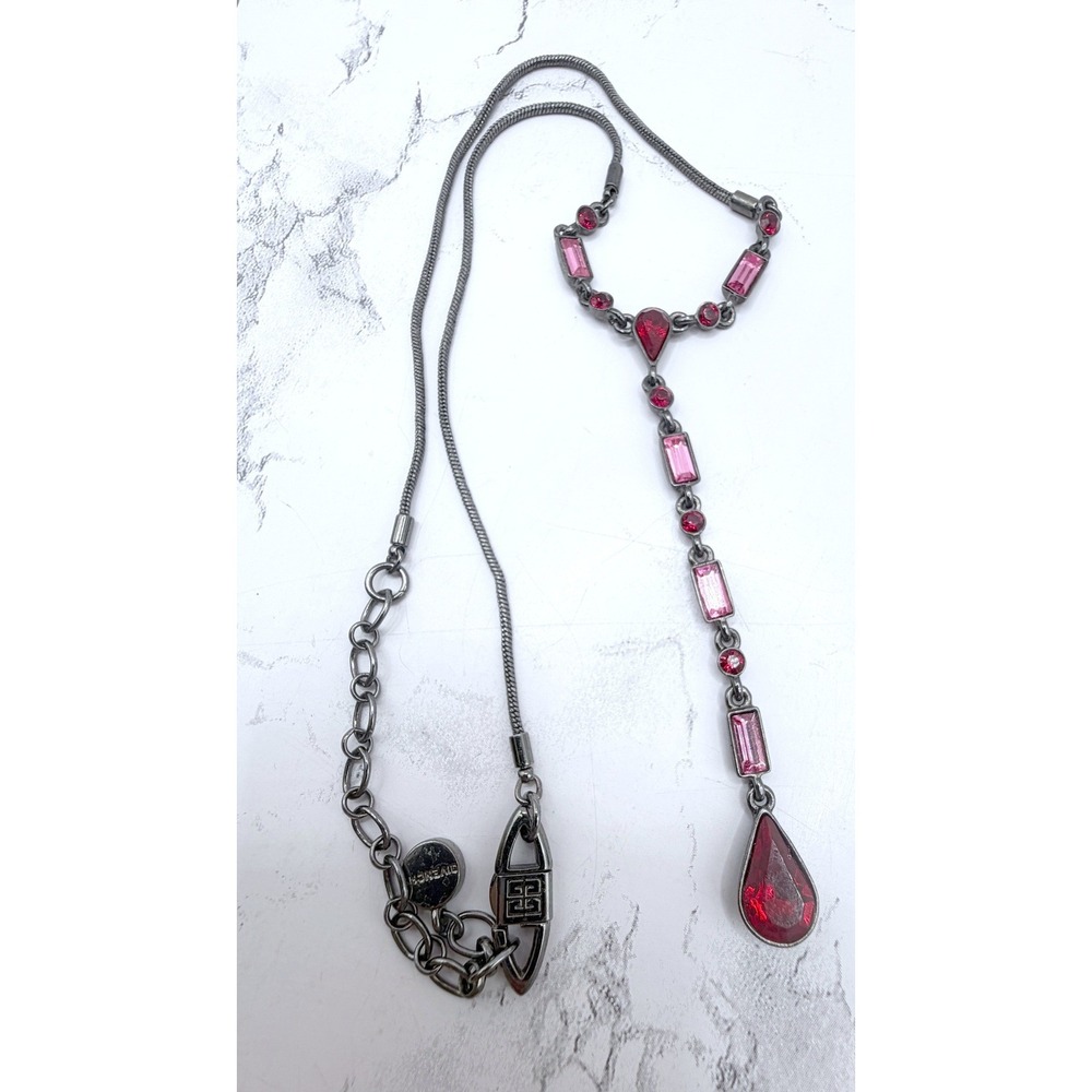 Givenchy Red Pink Glass Y Necklace Gunmetal Signed Designer Watch VIDEO - Picture 5 of 10